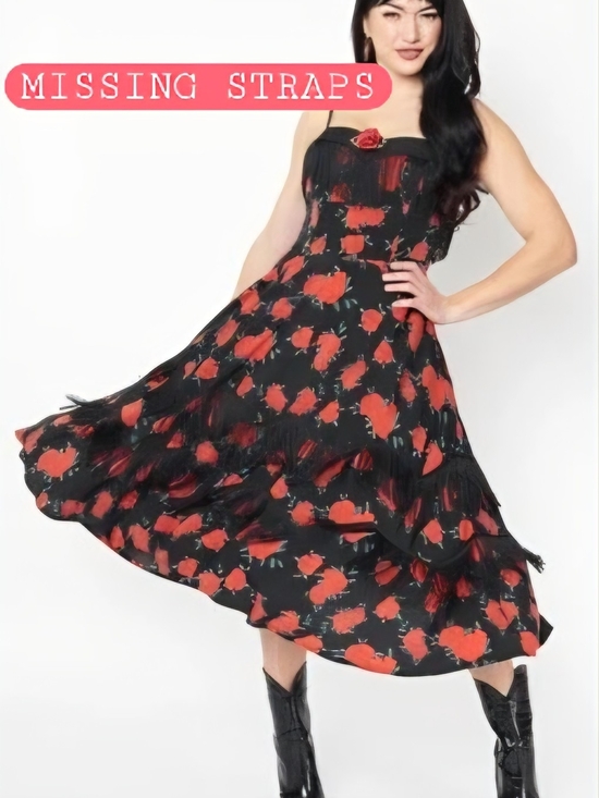 Unique Vintage Dresses & Skirts - MISSING STRAPS- READ BELOW-Unique Vintage Black Floral Swing Midi Dress- Size 1x